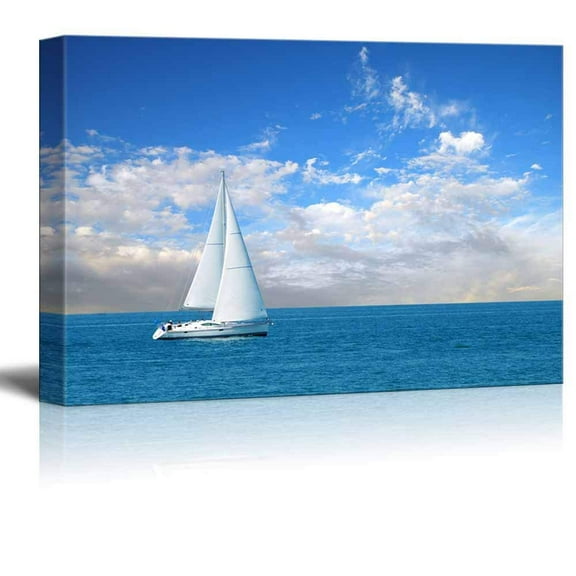 Canvas Prints Wall Art - Beautiful Seascape White Sail Boat on The Blue Calm Sea | Modern Wall Decor/Home Decoration Stretched Gallery Canvas Wrap Giclee Print &amp; Ready to Hang - 12" x 18&quo