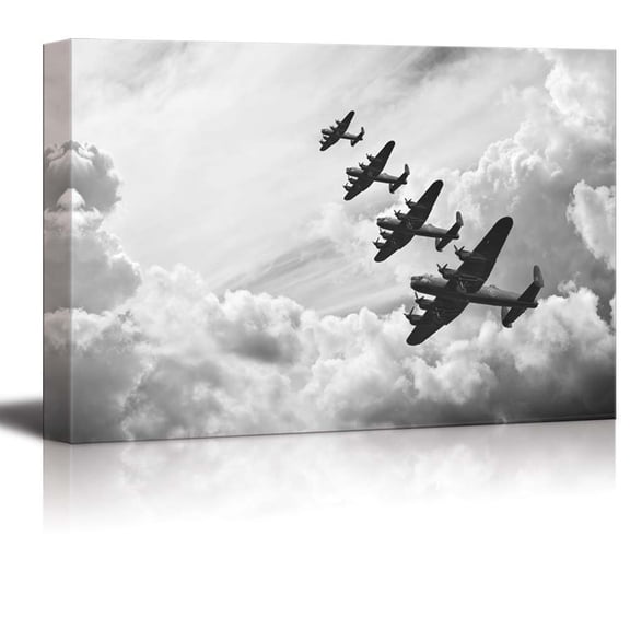 Canvas Prints Wall Art - Black and White Retro Image of Lancaster Bombers from Battle of Britain in World War 2 | Modern Wall Art Stretched Gallery Canvas Wrap Print & Ready to Hang - 12" x