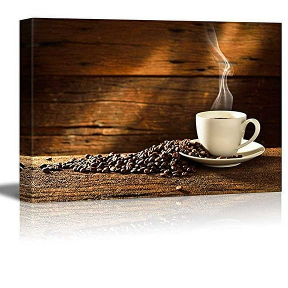 Canvas Prints Wall Art - Coffee Cup and Coffee Beans on Old Wooden Table | Modern Wall Decor/Home Art Stretched Gallery Canvas Wraps Giclee Print & Ready to Hang - 32" x 48"