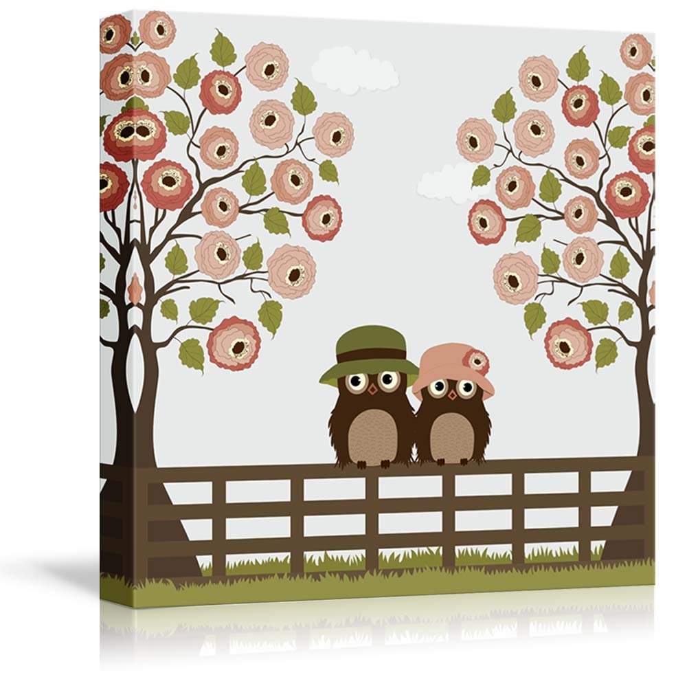 Canvas Prints Wall Art - Cute Owls with Tree Roses on a Fence - 24" x ...