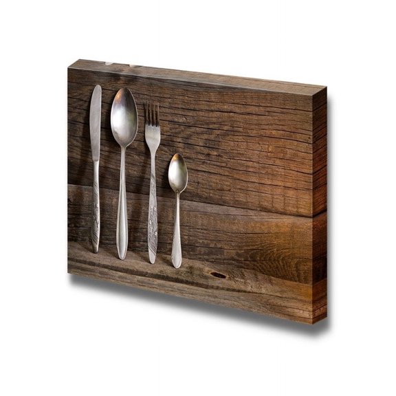 Canvas Prints Wall Art - Cutlery Kitchenware on Old Wooden Boards Food/Kitchen Concept | Modern Wall Decor/Home Decoration Stretched Gallery Canvas Wrap Giclee Print &amp; Ready to Hang - 12" x
