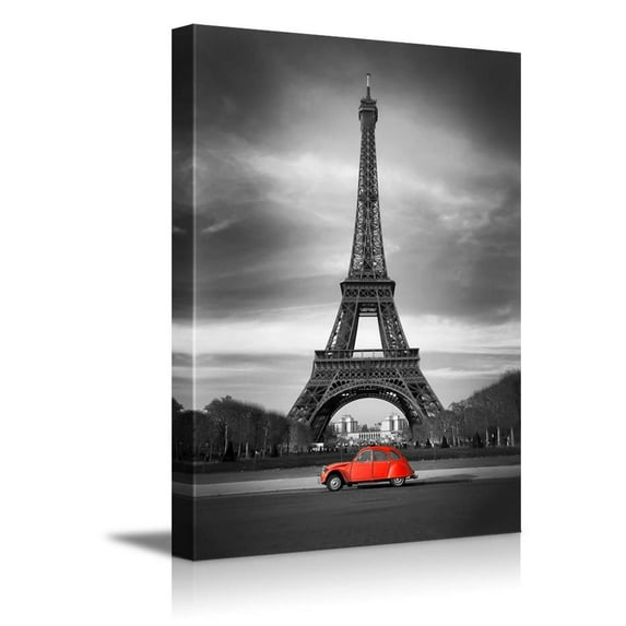 Canvas Prints Wall Art - Eiffel Tower in Black and White and Old Red Car Retro/Vintage Style | Modern Wall Decor/Home Art Stretched Gallery Canvas Wraps Giclee Print & Ready to Hang - 16"x24