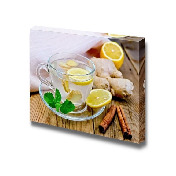 Canvas Prints Wall Art - Ginger Tea in a Glass Cup, Lemon, Cinnamon, Ginger, Mint, Napkin Against a Wooden Board - 24" x 36"
