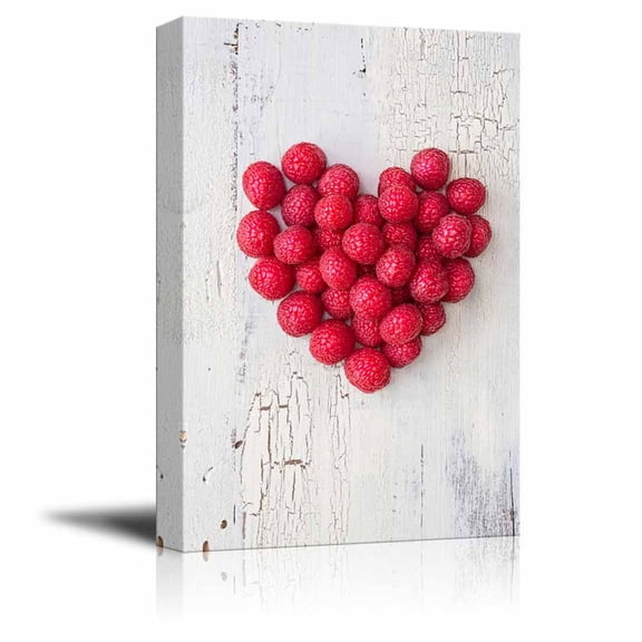 Canvas Prints Wall Art - Heart Shape Formed by Fresh Raspberries Fruits Art | Modern Wall Decor/Home Decoration Stretched Gallery Canvas Wrap Giclee Print & Ready to Hang - 36" x 24"
