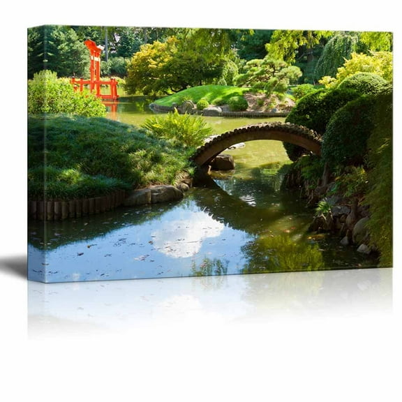 Canvas Prints Wall Art - Japanese Garden and Pond with a Red Zen Tower | Modern Wall Decor/Home Decoration Stretched Gallery Canvas Wrap Giclee Print &amp; Ready to Hang - 24" x 36"
