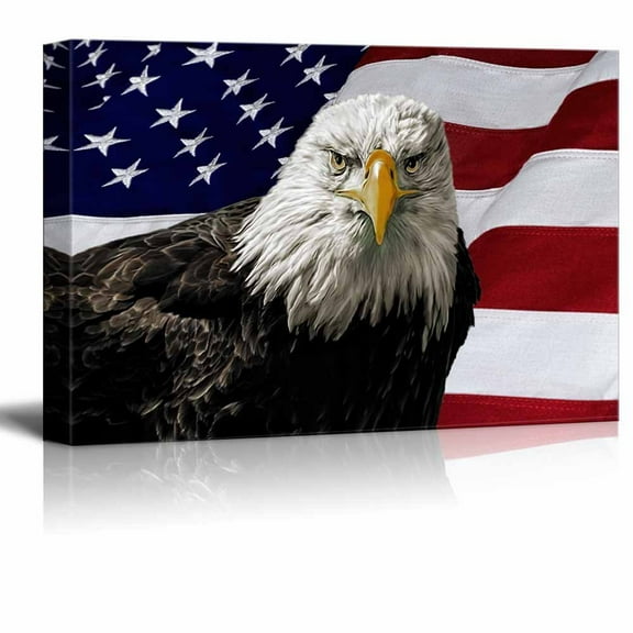 Canvas Prints Wall Art - Majestic Bald Eagle Against a Photo of an American Flag Patriotic Style | Modern Wall Decor/Home Decoration - 24" x 36"