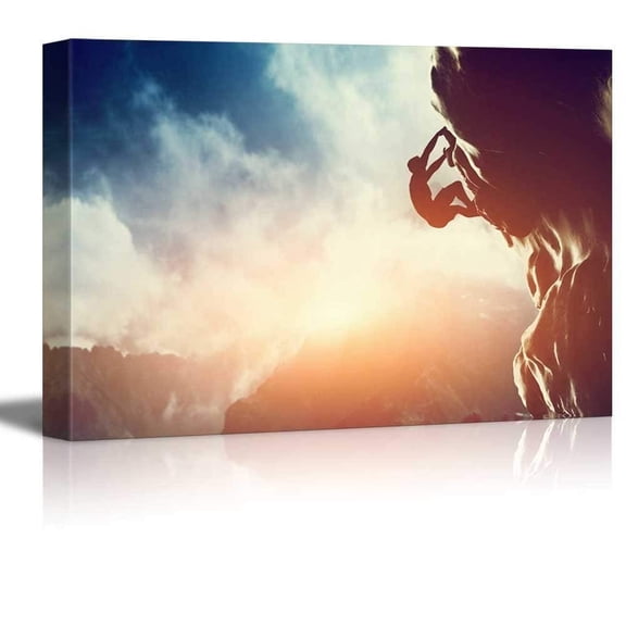Canvas Prints Wall Art - Man Climbing on Rock Mountain at Sunset/Art of Ambition | Modern Home Deoration/Wall Decor Giclee Printing Wrapped Canvas Art Ready to Hang - 16" x 24"