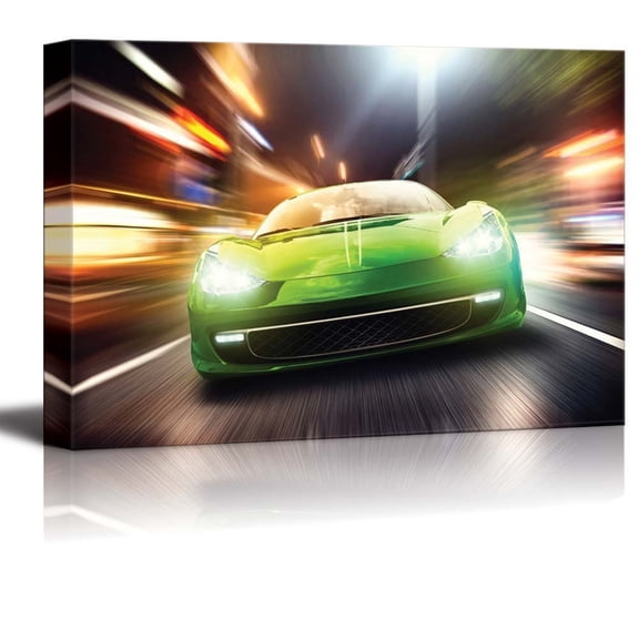Canvas Prints Wall Art - Night Race/Green Racing Car | Modern Wall Decor/Home Decor Stretched Gallery Wraps Giclee Print & Wood Framed. Ready to Hang - 32" x 48"