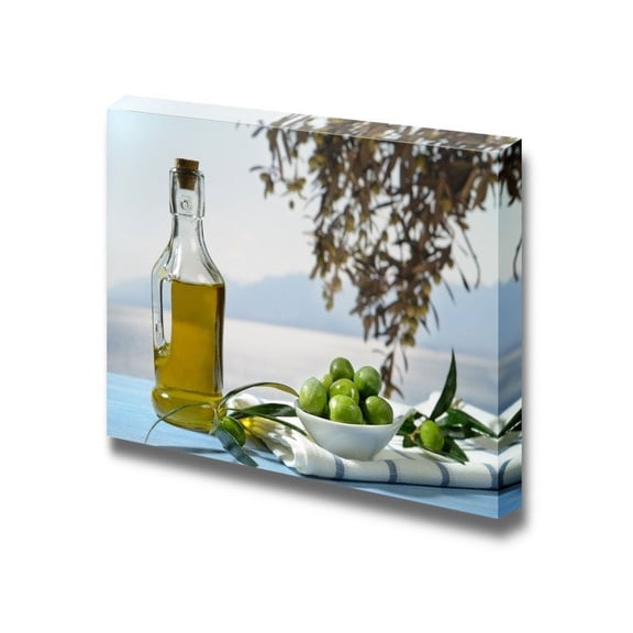 Canvas Prints Wall Art - Olives and Olive Oil Against Mediterranean Landscape - 16" x 24"