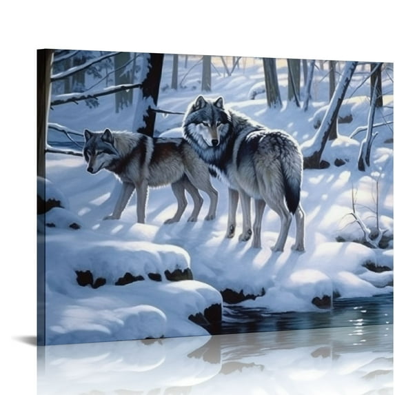 Nawypu Winter Wolf Canvas Prints Wall Art Paintings Blue Snowy Forest Landscape Pictures Artwork for Living Room Bedroom Bathroom Wall Décor