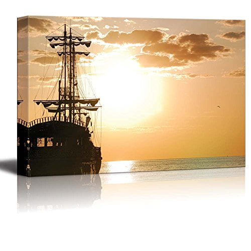 Canvas Prints Wall Art - Pirates Ship at Sea in Horizontal Orientation at Sunset | Modern Wall Decor/Home Decoration Stretched Gallery Canvas Wrap Giclee Print &amp; Ready to Hang - 16" x 24&quo