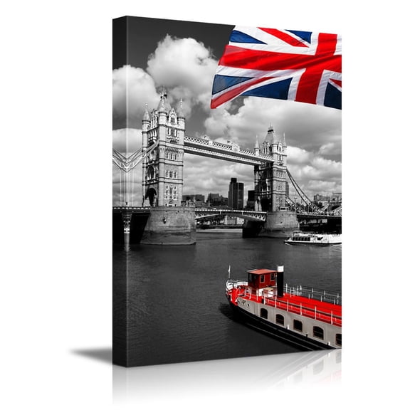 Canvas Prints Wall Art - Red Flag of England and Ship with Black and White London Tower Bridge on The Background- 32" x 48"