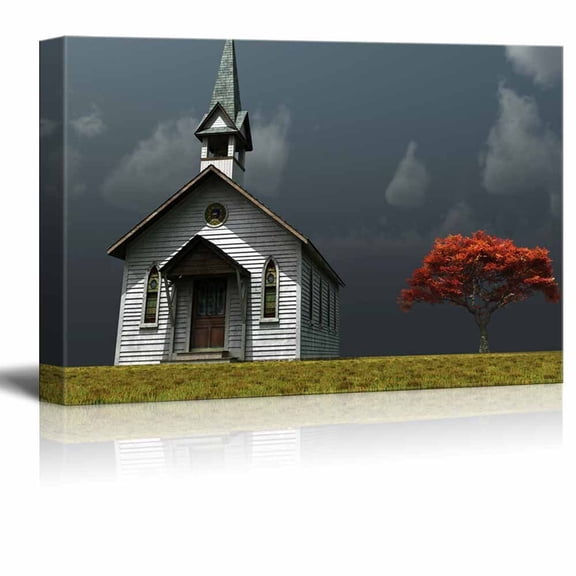 Canvas Prints Wall Art - Scene of an Old Church on a Wind Swept Prarie | Home Decoration Stretched Gallery Canvas Wrap Giclee Print & Ready to Hang - 24" x 36"