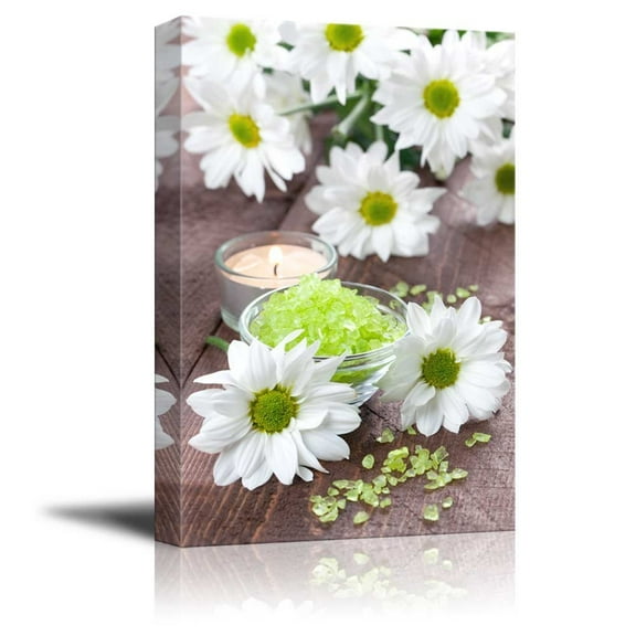 Canvas Prints Wall Art - Spa Therapy Concept Green Bath Salt with Candle and Flowers | Modern Wall Decor/Home Decoration Stretched Gallery Canvas Wrap Giclee Print & Ready to Hang - 24" x 36
