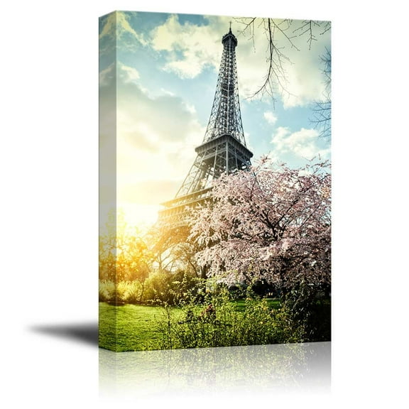 Canvas Prints Wall Art - Springtime in Paris with Eiffel Tower Retro Style | Modern Wall Decor/Home Decoration Stretched Gallery Canvas Wrap Giclee Print &amp; Ready to Hang - 24" x 16"