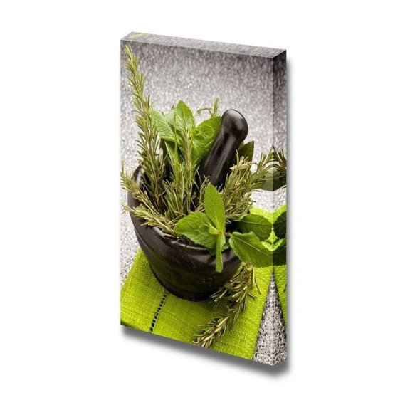 Canvas Prints Wall Art - Still Life Fresh Aromatic Herbs in a Mortar on Glass Table | Modern Wall Decor/Home Decoration Stretched Gallery Canvas Wrap Giclee Print & Ready to Hang - 24" x 16&