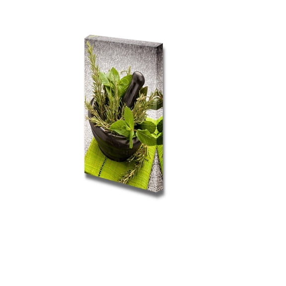 Canvas Prints Wall Art - Still Life Fresh Aromatic Herbs in a Mortar on Glass Table | Modern Wall Decor/Home Decoration Stretched Gallery Canvas Wrap Giclee Print & Ready to Hang - 48" x 32&