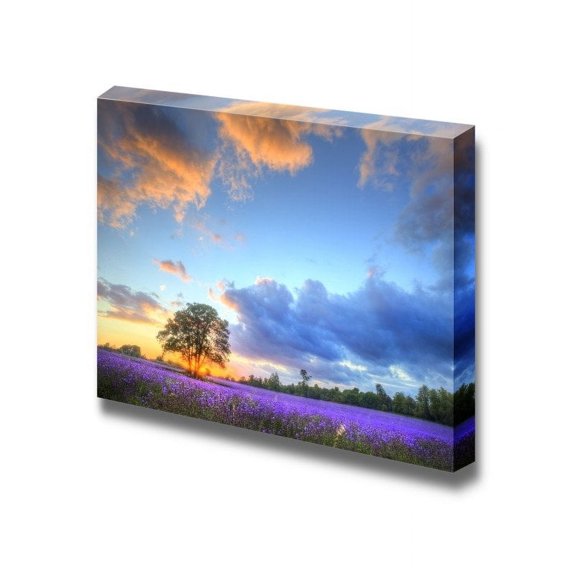 Canvas Prints Wall Art - Stunning Sunset with Atmospheric Clouds and Sky Over Vibrant Ripe Lavender Fields - 32" x 48"