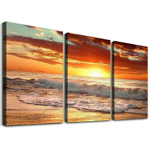 Canvas Prints Wall Art Sunset Ocean Beach Pictures Photo Paintings for Living Room Bedroom Home Decorations Seascape Waves Landscape Giclee Artwork