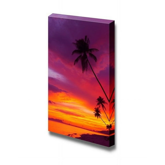 Canvas Prints Wall Art - Sunset Over The Ocean with Tropical Palm Trees Silhouette Vertical Panorama - 16" x 24"