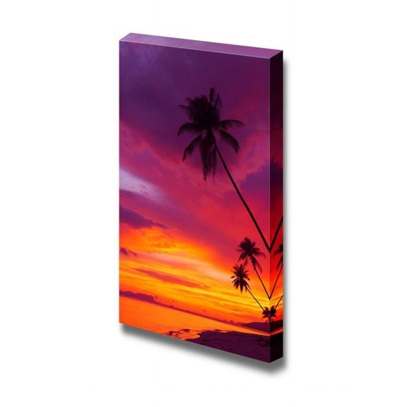 Canvas Prints Wall Art - Sunset Over The Ocean with Tropical Palm Trees Silhouette Vertical Panorama - 24" x 36"