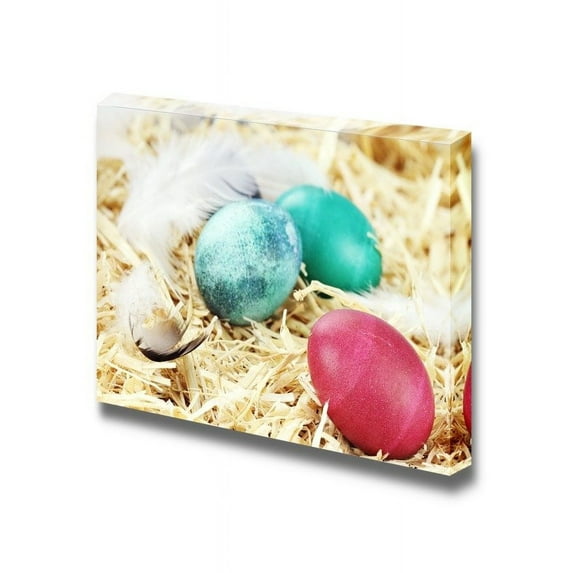 Canvas Prints Wall Art - Three Colored Easter Eggs Hidden in Straw | Modern Wall Decor/Home Art Stretched Gallery Canvas Wraps Giclee Print & Ready to Hang - 32" x 48"