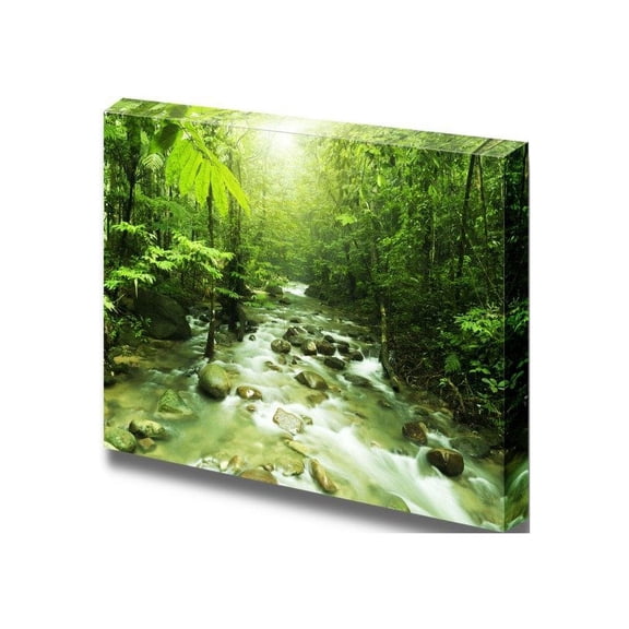 Canvas Prints Wall Art - Tropical Mountain Stream with Sunbeam in a Morning | Modern Home Deoration/Wall Decor Giclee Printing Wrapped Canvas Art Ready to Hang - 12" x 18"