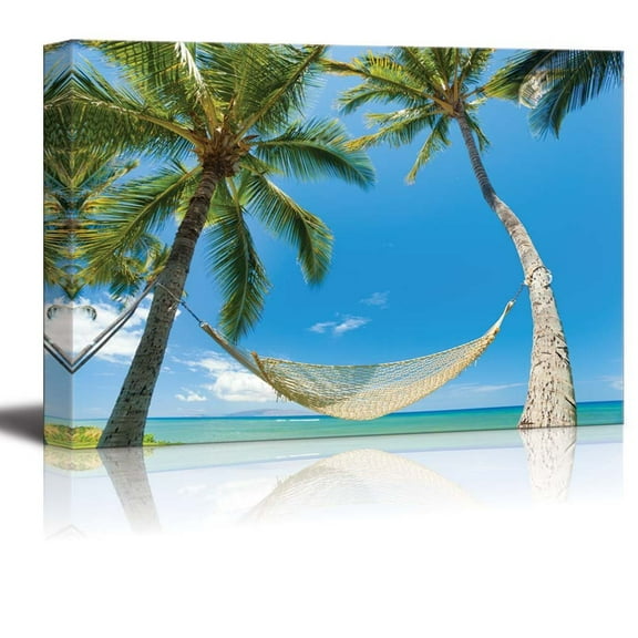 Canvas Prints Wall Art - Tropical Palm Trees and Hammock Near The Sea - 24" x 36"