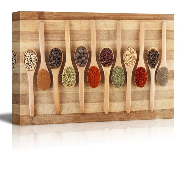 Canvas Prints Wall Art - Various Spices on Wooden Spoons on Cutting Board | Modern Wall Decor/Home Decor Stretched Gallery Wraps Giclee Print & Wood Framed. Ready to Hang - 12" x 18"