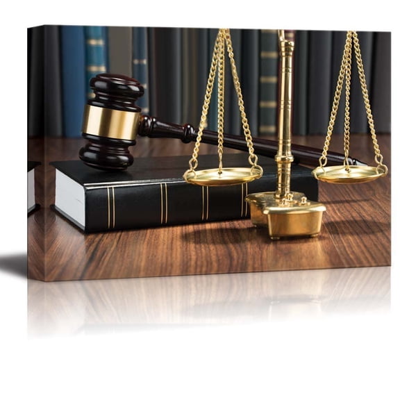 Canvas Prints Wall Art - Wooden Gavel on Book with Golden Scale on Table Justice Concept | Lawyer Office Art Stretched Gallery Canvas Wrap Giclee Print &amp; Ready to Hang - 16" x 24"