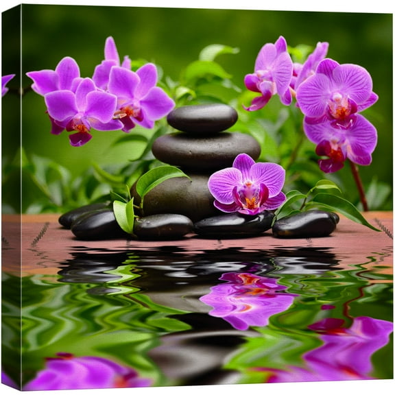 Canvas Prints Wall Art - Zen Basalt Stones and Orchid Spa,Beauty and Calmness Concept | Modern Wall Decor/Home Decoration Stretched Gallery Canvas Wrap Giclee Print &amp; Ready to Hang - 16" x 1
