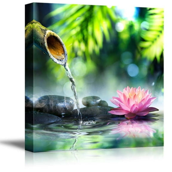 Canvas Prints Wall Art - Zen Garden with Black Stones and Pink Waterlily Spa/Meditation Concept | Modern Wall Decor - 12" x 12"