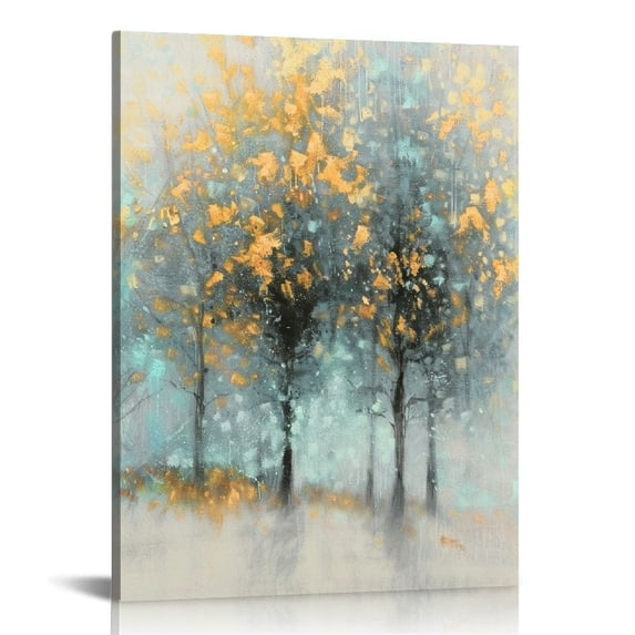 Canvas Prints Wall Paintings Landscape Forest Trees Hand Painted Nature Wall Art with Gold Metallic Foil Embellishments for Living Room Bedroom Stretched 12*16in/16*20in