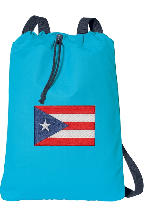 Canvas Puerto Rico Drawstring Backpack Aqua Natural Cotton Puerto Rico Flag Cinch Bag with Wide Straps