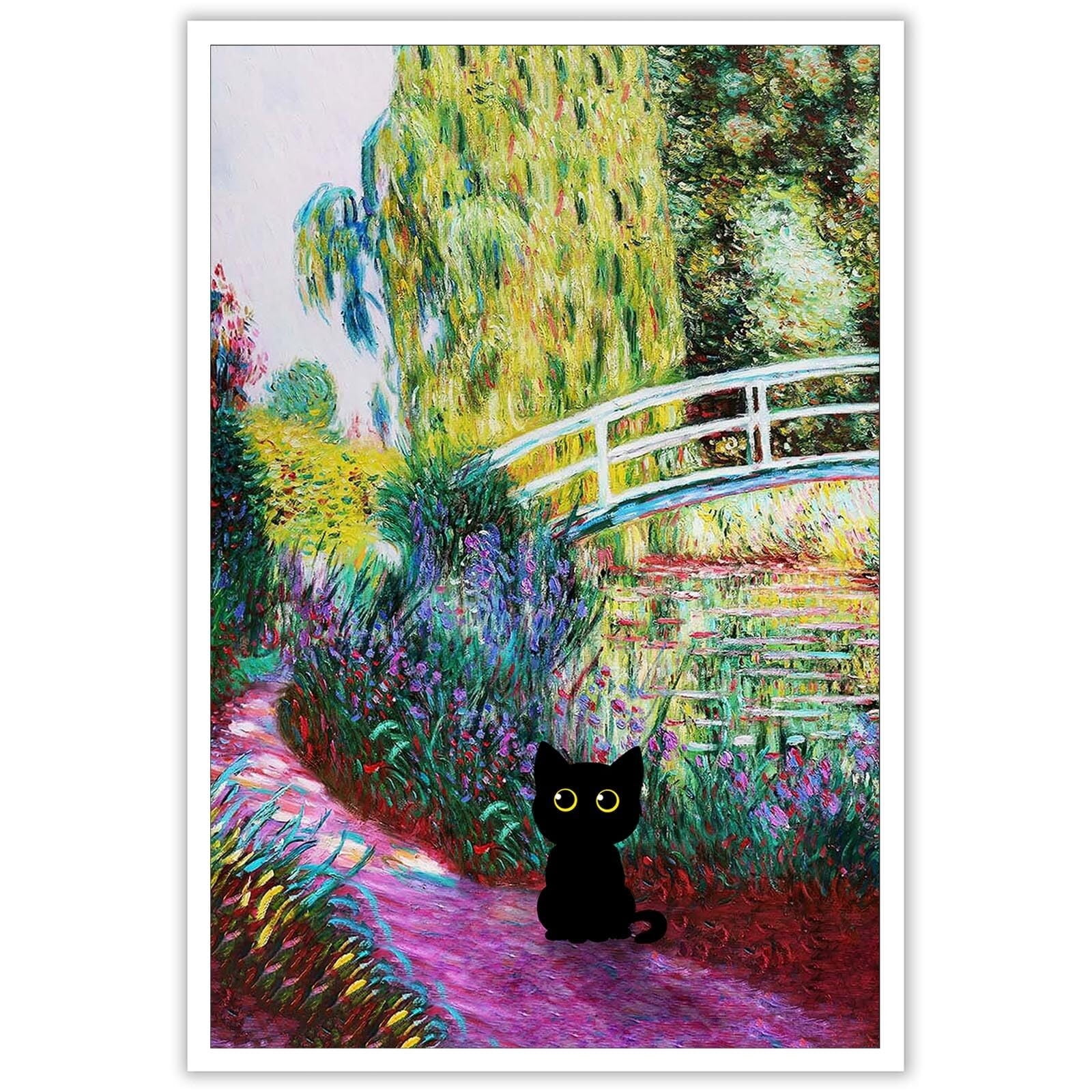 Canvas Retro Monet Garden Cat Canvas Wall Art Funny Floral Cat Wall Art ...