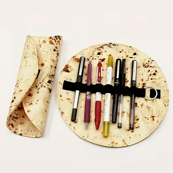 Canvas Roll Up Pencil Case 8.66In Burrito Tortilla Novelty Design Back to School Stationery Organizer Large Capacity Elastic Strap Storage Portable Compact Quirky Student Classroom Office Pen Pouch