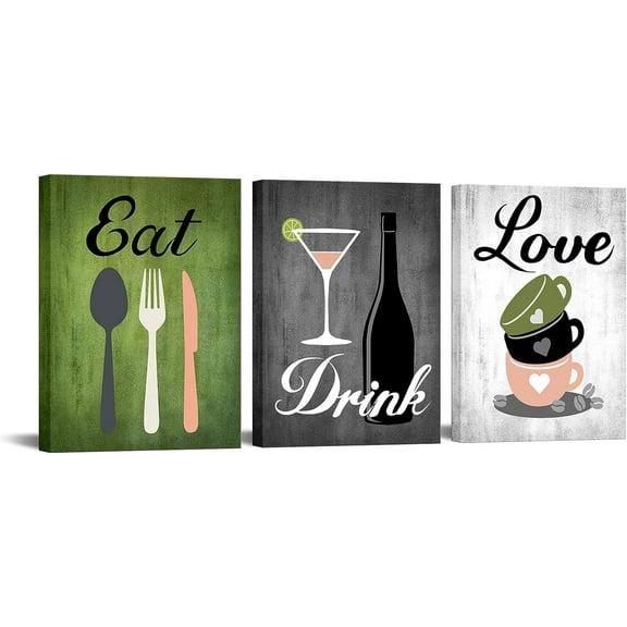 Canvas Set of 3 Green and Grey Modern Kitchen and Dining Room Wall Art Home Decor Abstract EAT DRINK LOVE Theme Canvas Prints Pictures Framed Artwork for Coffee Bar Restaurant Cafe Ready to Hang