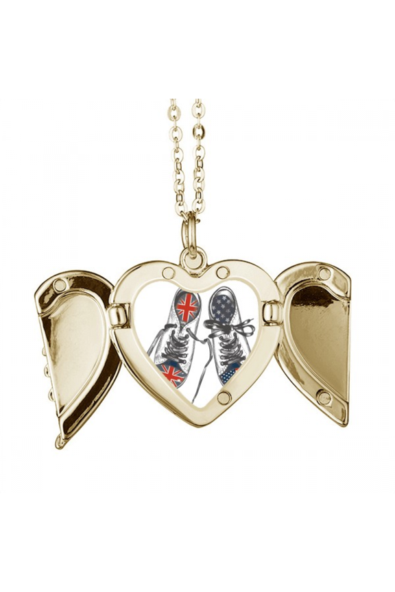 Canvas Shoes U.S U.K Flag Pattern Folded Wings Peach Heart Pendant Necklace