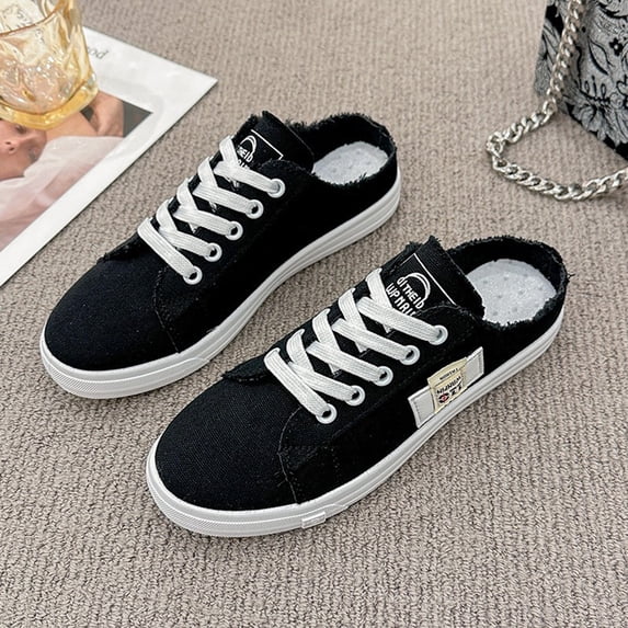 Canvas Shoes for Women Arch Support Backless Slip On Sneakers Round Toe Lace Up Low Top Lightweight Flat Mule Walking Shoes Blue Casual Summer Travel Outdoor Daily Outfit Wear, 40