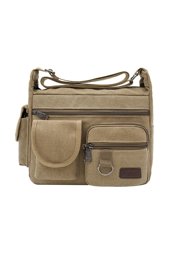 Canvas Shoulder Bag for Mens Multi-pockets 13 inch Laptop Messenger Bag Sling Bags School Crossbody Bags Travel, Khaki