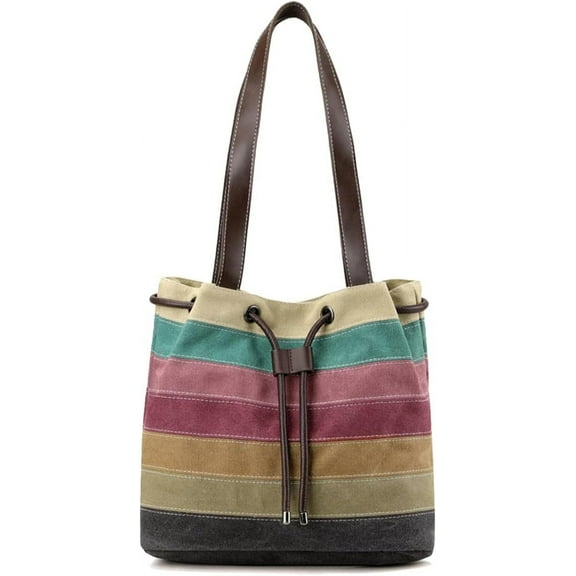 Canvas Shoulder Bag for Women Multi-Colour Striped Handbag Casual Top Handle Bag Large Hobo Bag Multi-Pocket Tote Bag
