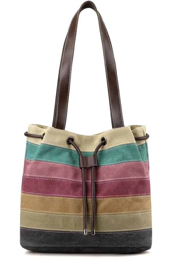 Canvas Shoulder Bag for Women Multi-Colour Striped Handbag Casual Top Handle Bag Large Hobo Bag Multi-Pocket Tote Bag