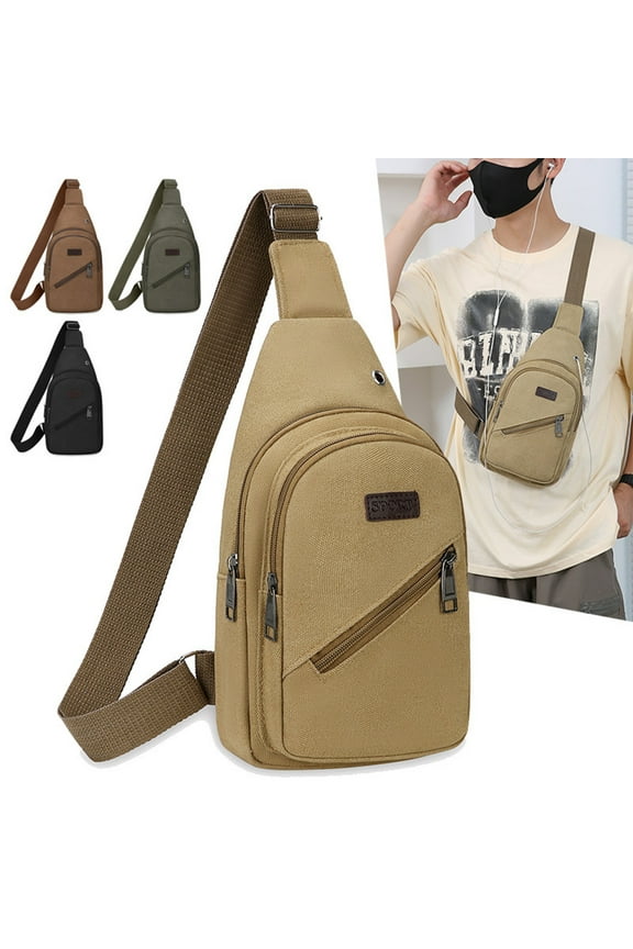 Canvas Sling Backpack with USB Charging Port, Headphone Hole, Multiple Pockets, Waterproof, Adjustable Strap, 30x16x6cm, Army Green, for Hiking, Travel, Work