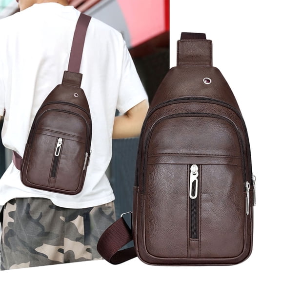 Canvas Sling Bag Crossbody Backpack for Men | Brown Leather Shoulder Rucksack | Adjustable Strap, Lightweight, Multi-Layer Organizer | 11.8x6.7x3.5 in | Travel, Hiking, Casual Use