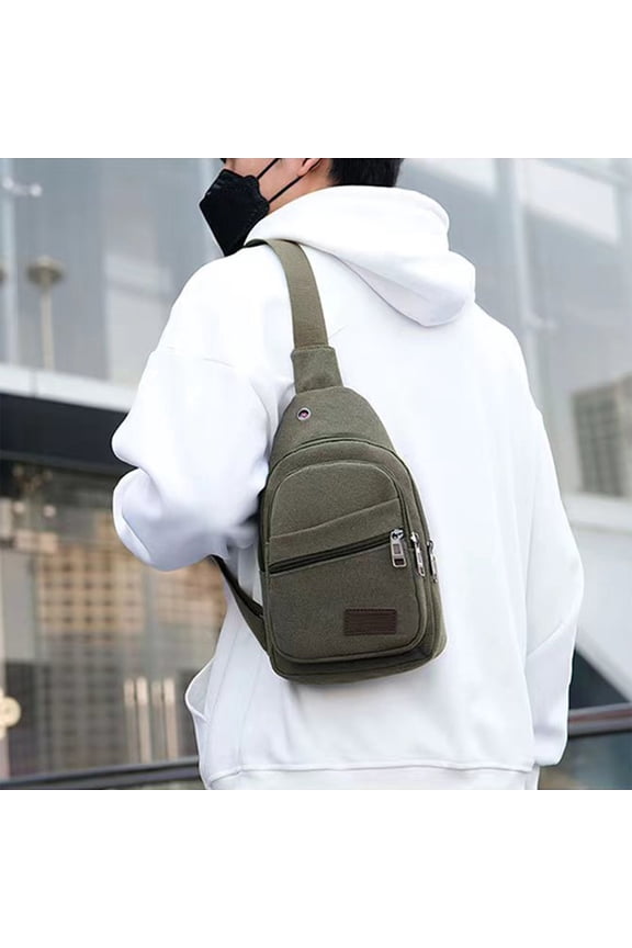 Canvas Sling Bag Crossbody Backpack Polyester Adjustable Shoulder Strap, Large Capacity Travel Rucksack for Men Women Army Green Coffee 30x17x5cm