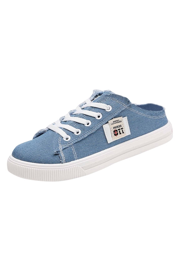 Canvas Sneakers for Women Slip-On Shoes Fashion Comfortable Round Toe Lace-Up Trainers Breathable Flat Clogs Casual Sports Preppy Flat Backless Mules