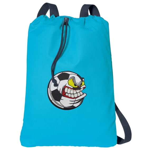 Canvas Soccer Fan Drawstring Backpack Aqua Natural Cotton Soccer Nut Cinch Bag with Wide Straps