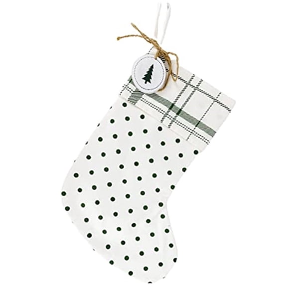 Canvas Stocking White with Green Polka Dots, Wood Tree Accent. 16 x 11.5