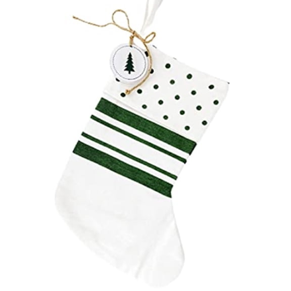 Canvas Stocking White with Green Polka Dots and Stripes, Wood Tree Accent. 16 x 11.5