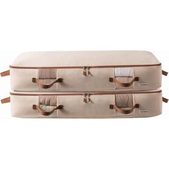 Canvas Storage Bags Designer Organizer for Underbed 2 Pack Seasonal Storage for Sweaters, Blankets, Linens & Garments Foldable Design with Zip & Window, Moth-Proof Space Saver